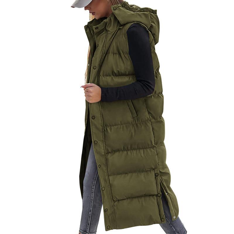 Women's Long Puffer Vest with Quilted Hood and Button Down Closure for Winter Coat 2024 - Tops, Womenswear