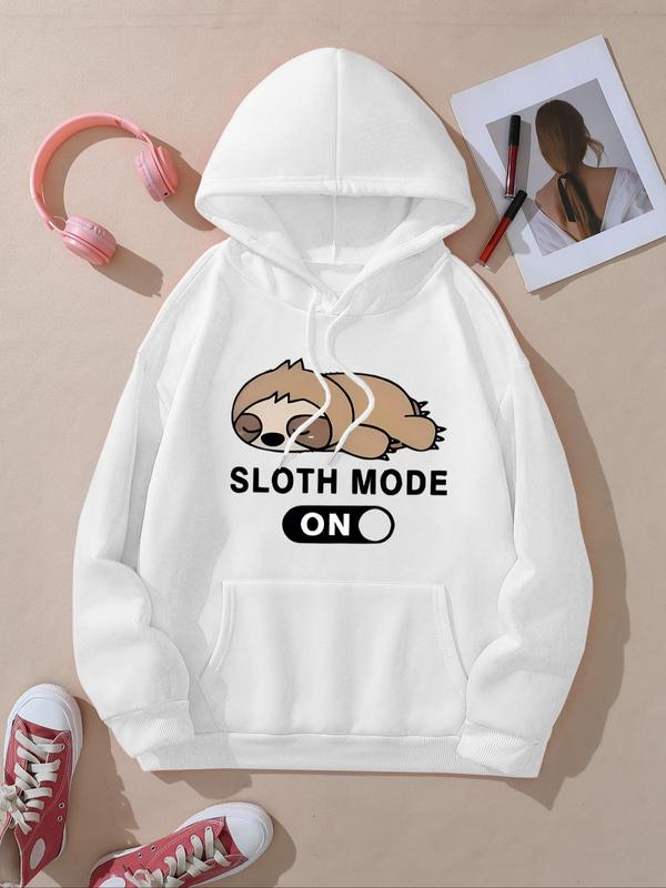 Women's Cartoon Sloth Graphic Print Drawstring Pocket Hoodie, Casual Drop Shoulder Long Sleeve Hooded Sweatshirt, Lady Fall & Winter Clothes for Daily Wear