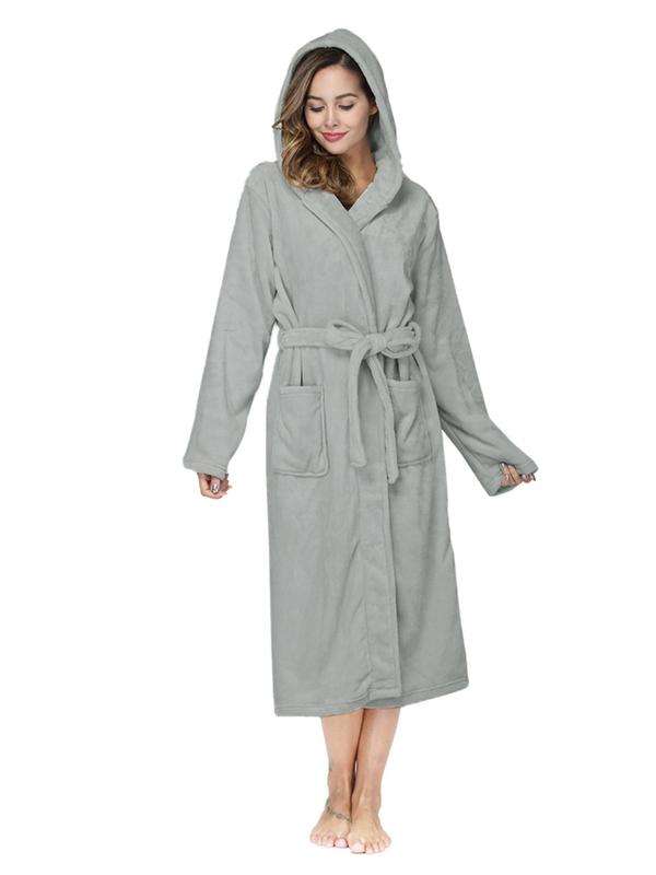 Women's Solid Drop Shoulder Belted Hooded Flannel Robe, Casual Long Sleeve Pocket Design Bathrobe, Ladies Fall & Winter Sleepwear, Fall Wear, Fallfreshness