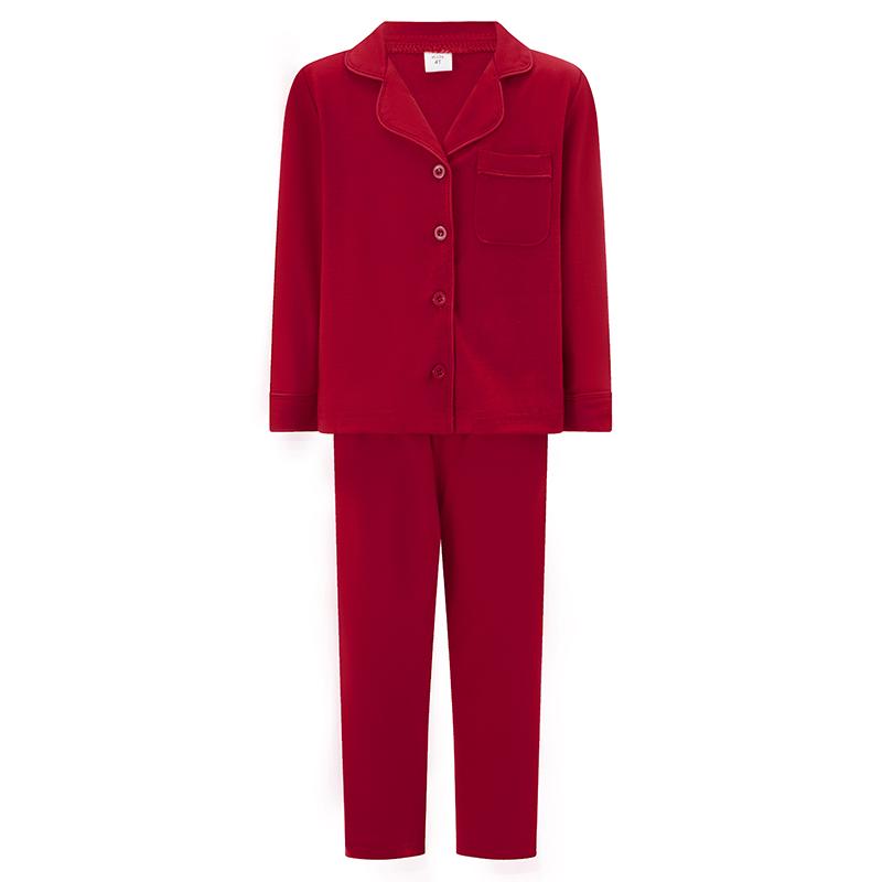 New Red Family Matching Pajama Set Lapel Neck Button-up Long Sleeve Tops Long Pants 2-Piece Bow Solid Color Loungewear Outfit