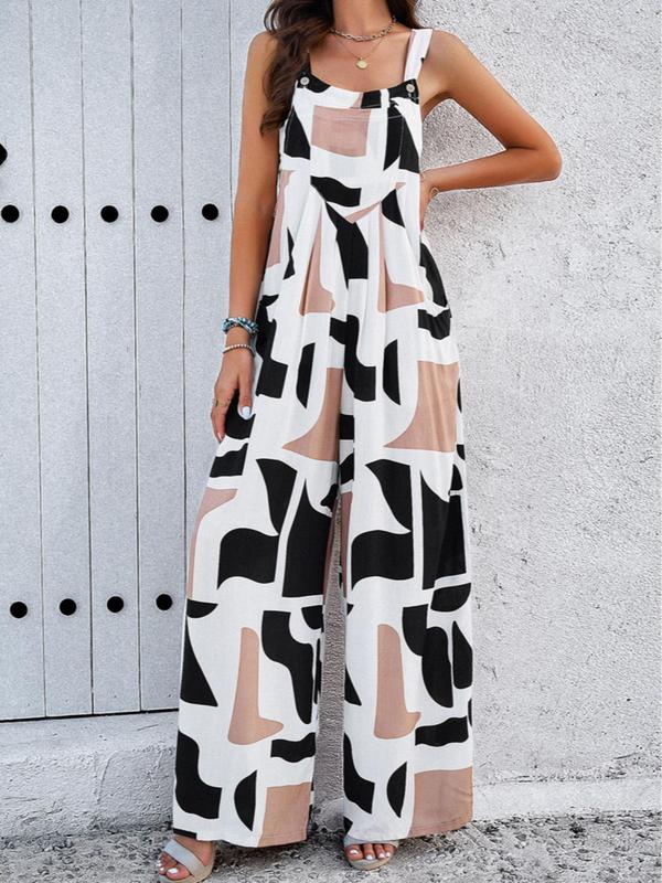 Women's All Over Print Plicated Pocket Wide Leg Jumpsuit, Casual Sleeveless Square Neck Jumpsuit for Summer, Women's Jumpsuit for Daily Wear