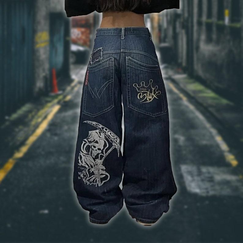 Y2K Hip Hop Street Oversized Jeans, Grunge Death Print Baggy Jeans, Skull Embroidered Jeans, Y2K Jeans, Plus Size jeans