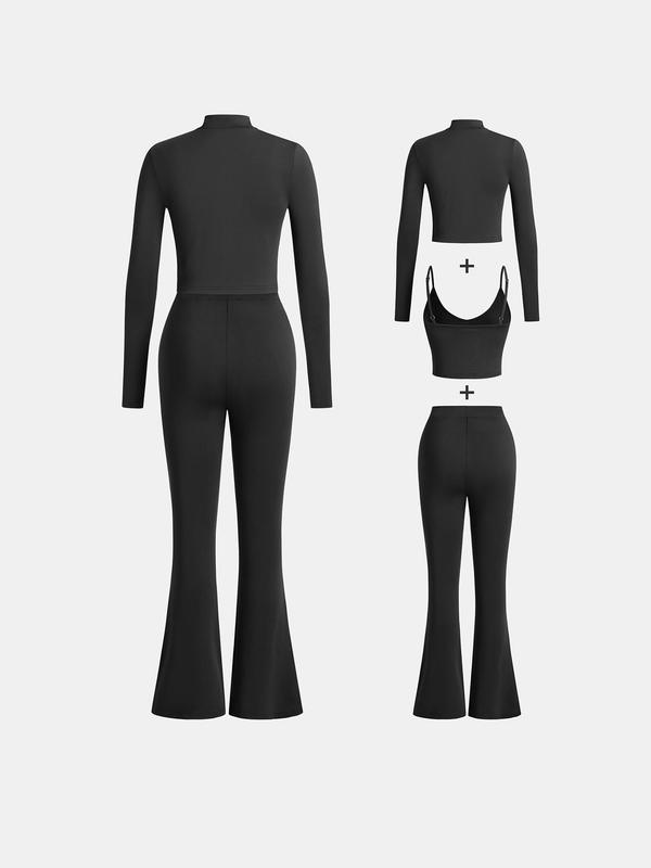 YOZY Three-piece Set Women's Solid Backless Crop Cami Top & Crop Zipper Jacket & Flare Leg Pants, Casual Fashion Adjustable Strap Camisole & Mock Neck Outwear & High Waist Trousers for Daily Outdoor Wear, Ladies Clothes for All Seasons