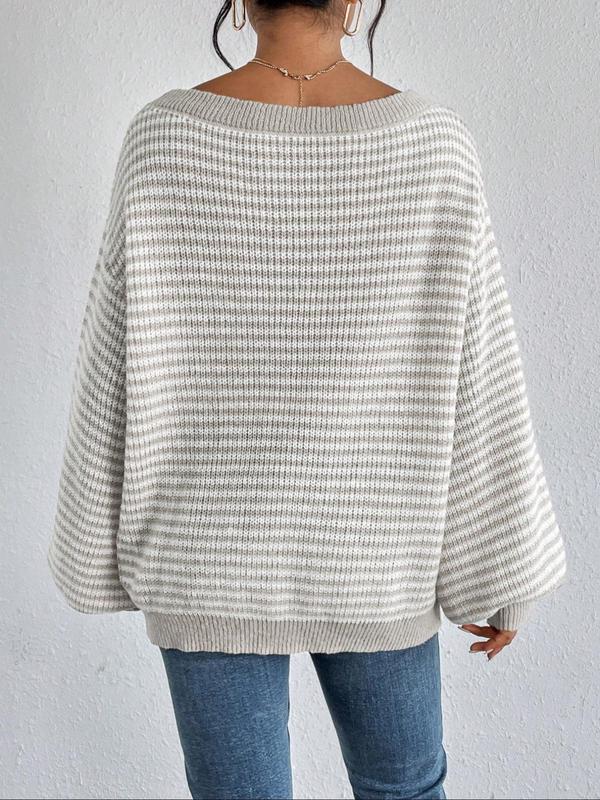 Women's Striped Drop Shoulder Sweater, Y2k Casual Bishop Sleeve Boat Neck Jumper for Daily Outdoor Wear Back To School, Sweaters for Women, Ladies Knitwear for Fall, Fall Outfits, Fallfreshness, Preppy 80s Clothes