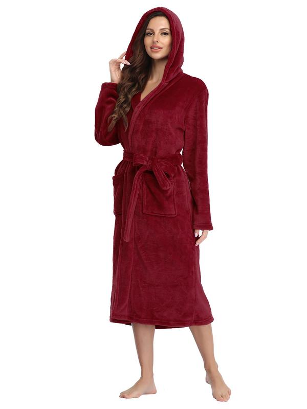 Women's Solid Drop Shoulder Belted Hooded Flannel Robe, Casual Long Sleeve Pocket Design Bathrobe, Ladies Fall & Winter Sleepwear, Fall Wear, Fallfreshness