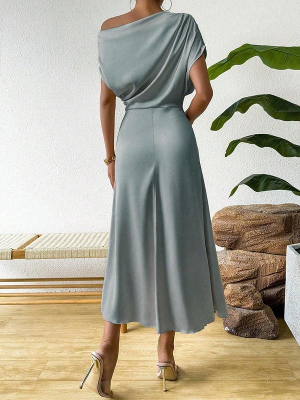 Women's Plain Ruched Asymmetrical Neck Batwing Sleeve Dress, Elegant Short Sleeve A Line Dress for Party Holiday Wedding Guest, Ladies Summer Clothes