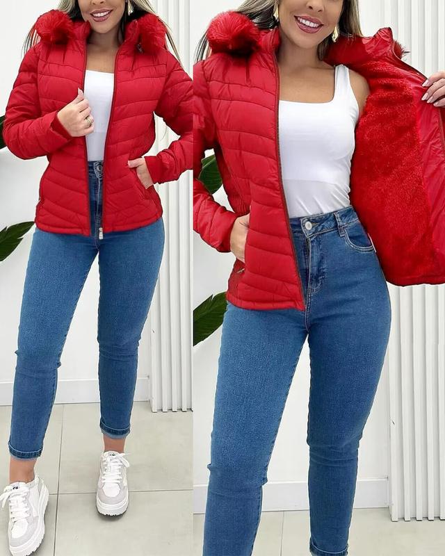 ChicMe Women's Zip Up Pocket Design Shirred Waist Jacket Fuzzy Trim Fleece Lined Hooded Puffer Coat detachable jacket windbreaker jackets