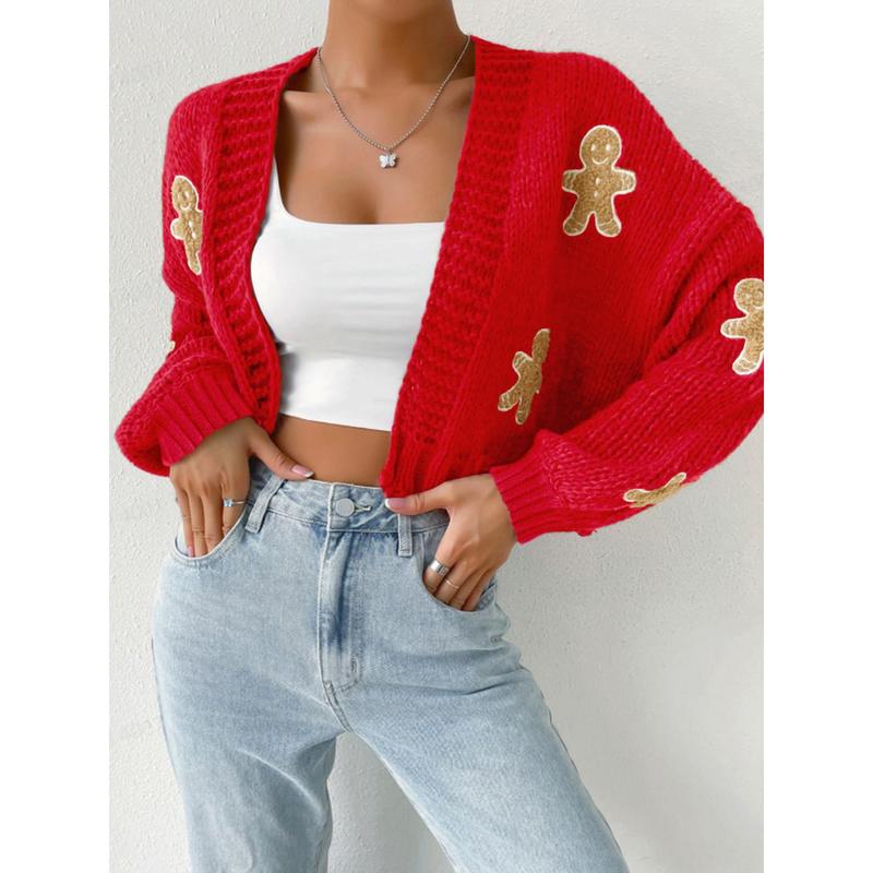 Women's Christmas Open Front Cropped Cardigan Sweaters Long Sleeve Ugly Style Christmas Man Cardigan