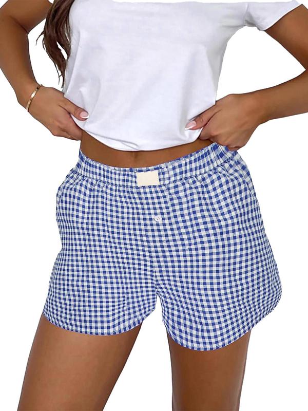 Women's Plaid Print Button High Waist Shorts, Casual Comfy Elastic Waist Wide Leg Shorts for Summer, Fashion Women's Bottoms for Daily Wear