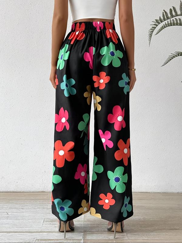 Women's Floral Print Elastic Waist Wide Leg Pants, Casual Comfy Trousers for Spring & Fall, Women's Bottoms for Daily Wear