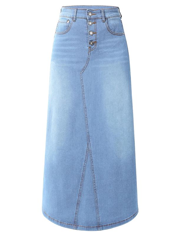 Women's High-Waisted Vintage Denim Maxi Skirt | A-Line Stretch Jean Skirt with Pockets | Casual & Chic Long Skirt for Everyday Wear Womenswear Bottom