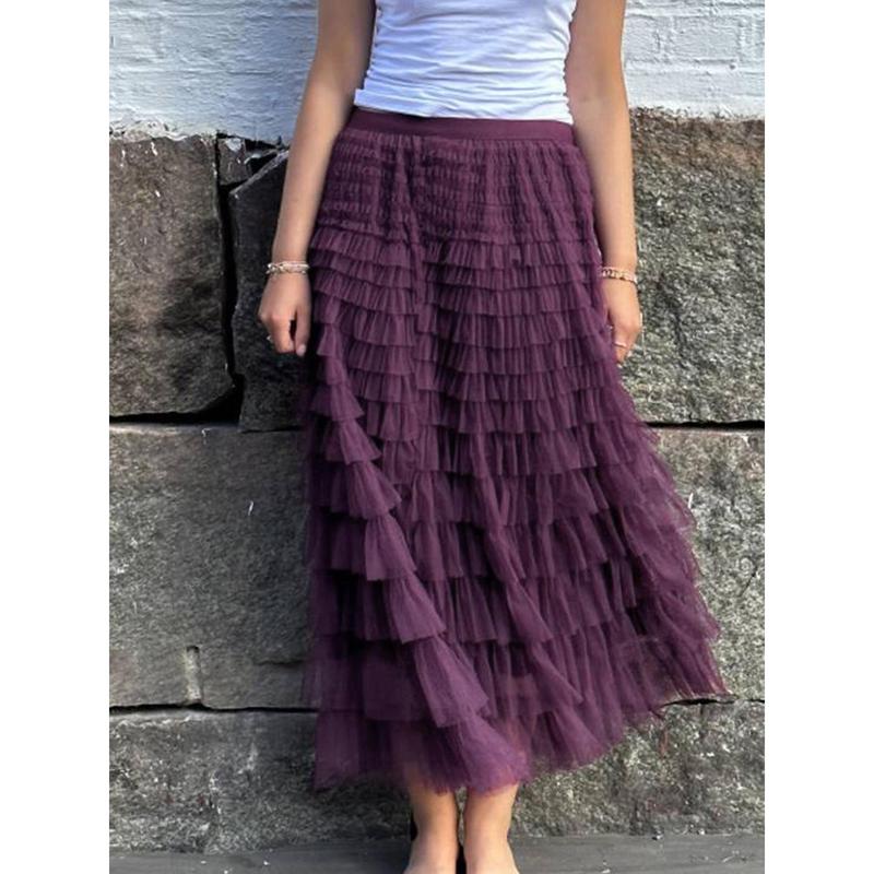 Women's Long Skirt Multilayer Mesh Pleated High Waist High Stretch Elegant Solid Color Cake Skirt Fashion Light