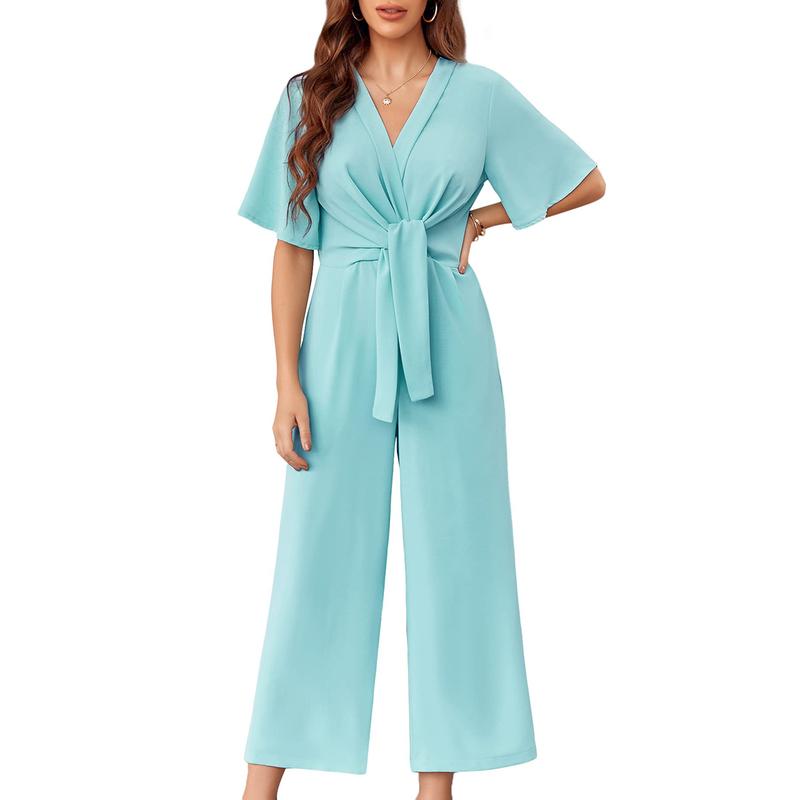 Tankaneo Womens Wide Leg Jumpsuits Short Sleeve Tie Knot Front Summer Long Romper