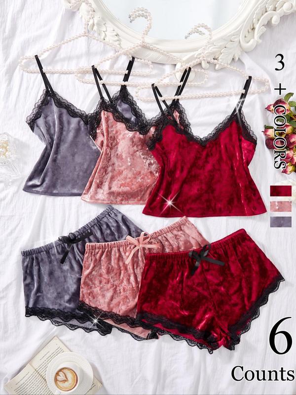 Women's Contrast Lace Velvet Cami Top & Elastic Waistband Shorts Pajama Set, Elegant V Neck Sleeveless Top & Bow Decor Shorts, Women's Sleepwear for Fall & Winter