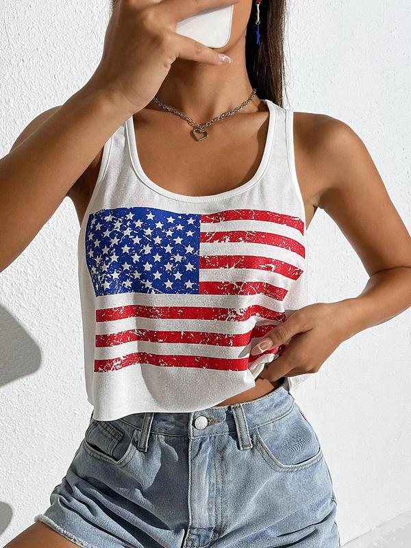 Women's Star & Striped Print Scoop Neck 4th of July Tank Top, Casual Streetwear Sleeveless Cropped Top for Summer, Ladies Teen Girls Clothes for Daily Wear