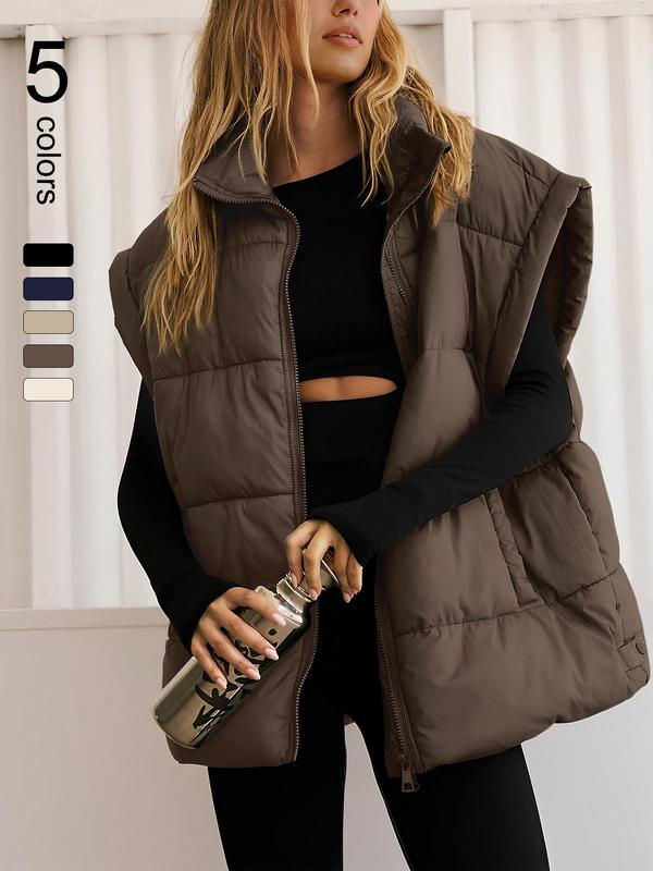 Sporty Women's Solid Color Zip Up Drop Shoulder Vest Coat, Casual Sporty Pocket Sleeveless Stand Collar Outerwear for Fall & Winter, Ladies Sportswear for Indoor Outdoor Wear