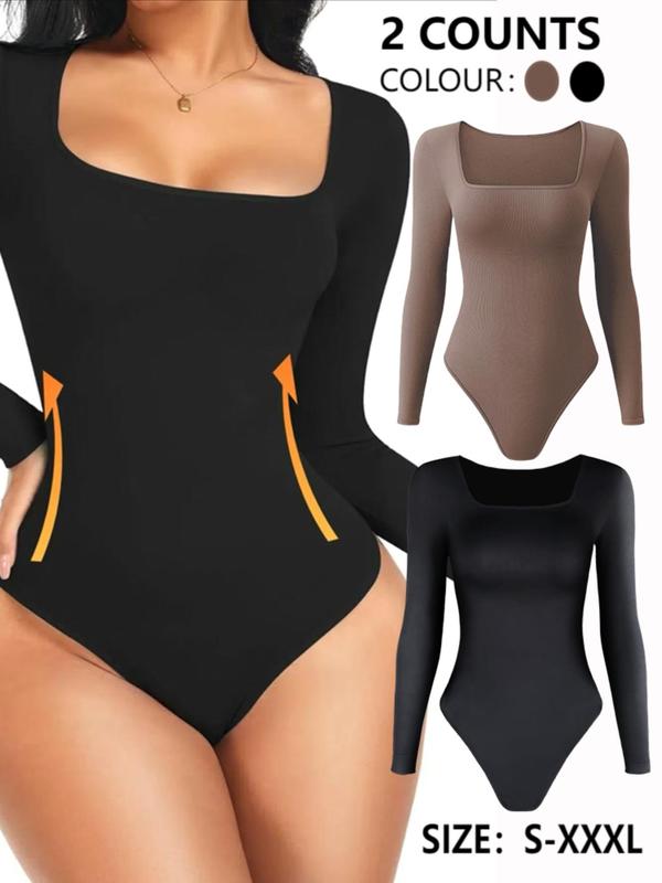 Women's Solid Long Sleeve Square Neck Shapewear Bodysuit, Casual Comfy Tummy Control Butt Lift Shaper, Ladies Shapewear for Daily Wear