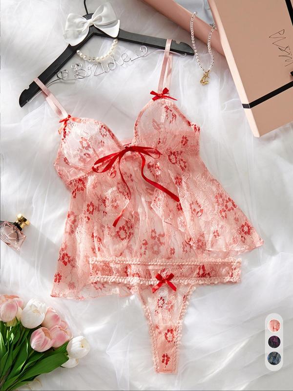 Women's Floral Print Sheer Lace Sexy Lingerie Set, Bow Decor Split Lingerie Top & Thong Set, Romantic Underwear Set for Ladies