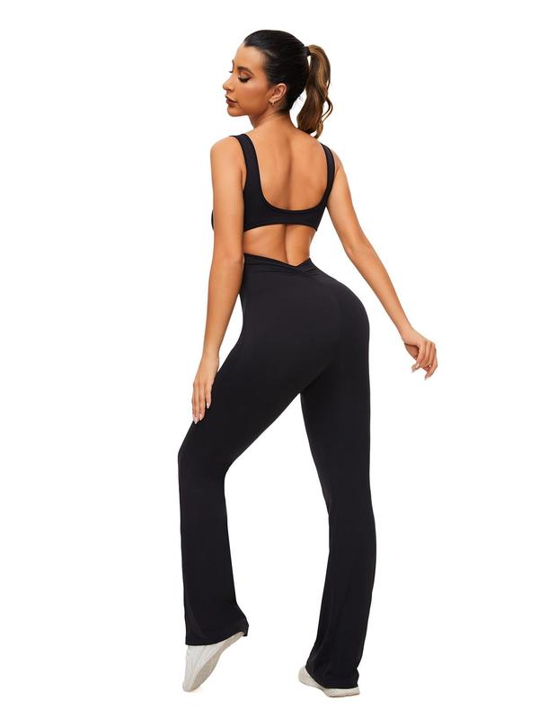 Women's Solid Color Backless Ruched Removable Chest Padded Flare Leg Jumpsuit, Casual Comfy Sleeveless U Neck Bell Bottom Jumpsuit for Daily Wear, Ladies Clothes for All Seasons