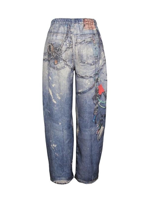 Women's Denim-effect Print Button Fly  Straight Leg Pants, Casual Pocket Denim-effect Print Trousers for Daily Wear, Ladies Bottoms for All Seasons