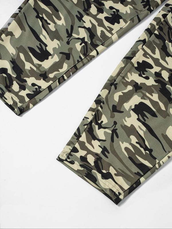  Camo Print Letter Tape Waist Leggings, Casual Comfy Breathable Skinny Trousers for Daily Wear, Women's Bottoms for Fall & Winter, Fall Outfits, Fallfreshness