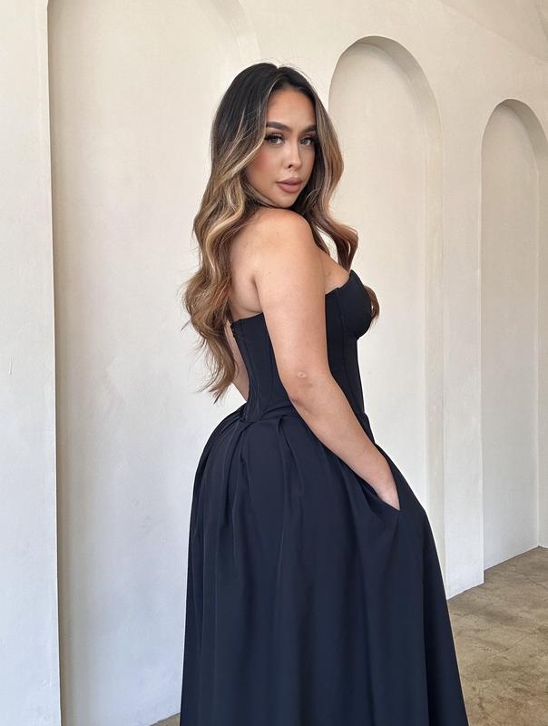 Charlotte Strapless Corset wedding guest Strapless womenswear midi Formal Pleated  Black dress with pockets Date night Clothing Pleated Chic Elegant Comfort Sleeveless