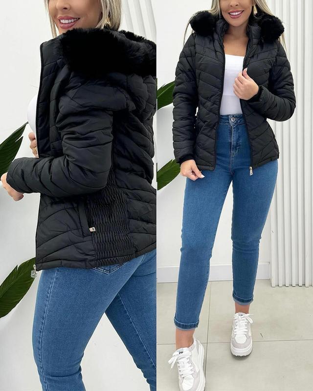 ChicMe Women's Zip Up Pocket Design Shirred Waist Jacket Fuzzy Trim Fleece Lined Hooded Puffer Coat detachable jacket windbreaker jackets