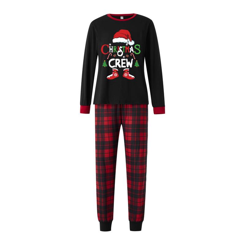 Hot New Black Christmas Family Pajamas Matching Set, Long Sleeve Letters Print T-shirt with Plaid Pants Sleepwear Loungewear