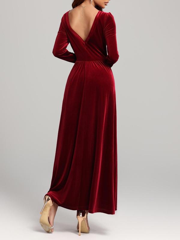 Women's Solid Backless Velvet Dress, Elegant Solid Color Long Sleeve Maxi Dress for Party Holiday Wedding Guest, Ladies Clothes for All Seasons