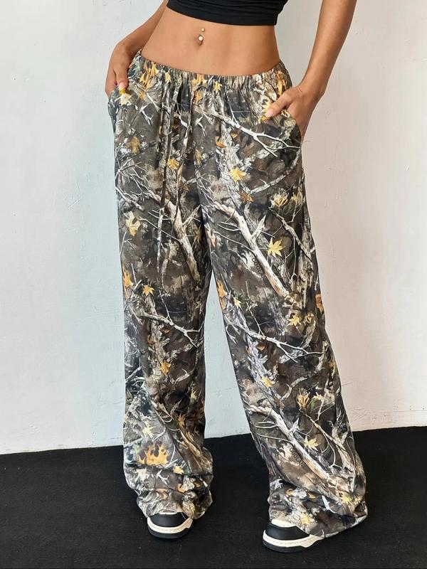 Women's Camo Print Drawstring Waist Wide Leg Pants, Casual Pocket Trousers for Daily Wear, Ladies Bottoms for All Seasons