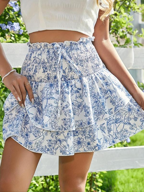 Women's Floral Print Corset Layered Skirt, Boho Fashion A-line Skirt For Beach Holiday Vacation, Ladies Summer Clothes