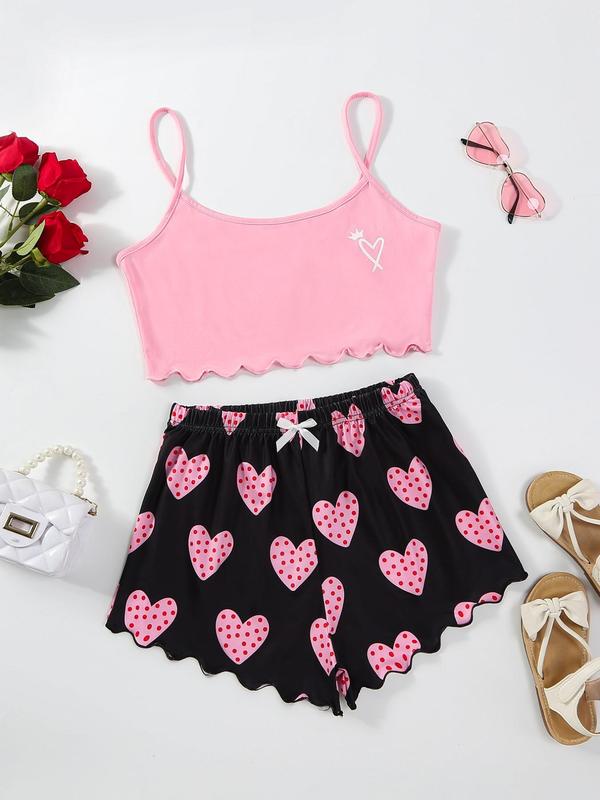 Two Four Pieces Women's Heart Print Scallop Crop Sleeveless Cami Top & Bow Decor Shorts Pj Co-ord Set for Home Wear, Pajama Sets Women, Cute Nightwear Homewear Pjs for Lady, Summer Wear, Pjs Homewear Birthday Wear Black Girl