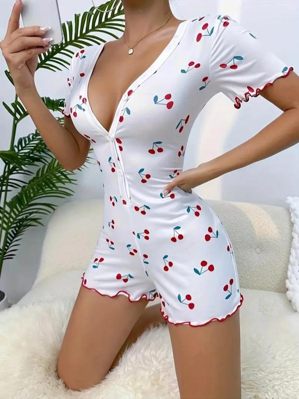 Women's Cherry Print Buttons Deep V Neck Lettuce Trim Vintage Romper, Fashion Casual Short Sleeve Skinny Romper for Summer, Ladies Clothes for Daily Wear