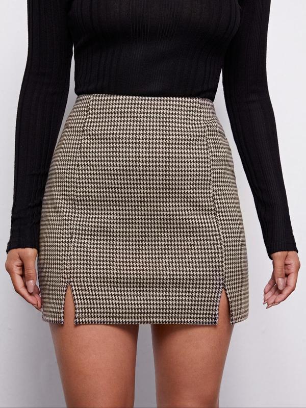 Women's Houndstooth Print Split Hem Bodycon Skirt, Elegant Fashion Casual Short Skirt for Daily Outdoor Wear, Women Bottoms for Summer