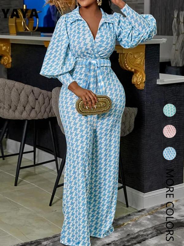 Women's Houndstooth Print Belted Wide Leg Jumpsuit, Elegant Bishop Sleeve V Neck Jumpsuit for Daily Wear, Ladies Clothes for All Seasons, Winter Clothes Women, Jumpsuits for Women