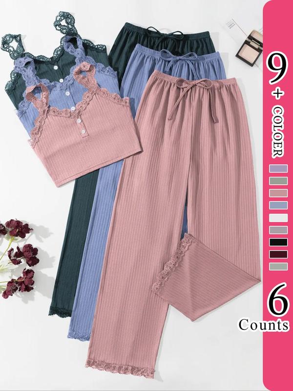 Women's Plain Contrast Lace Summer Pyjama Set, Casual Buttons Cami Top & Drawstring Waist Pants, Lady Pajamas, Womenswear Homewear, Summer Outfits 2024