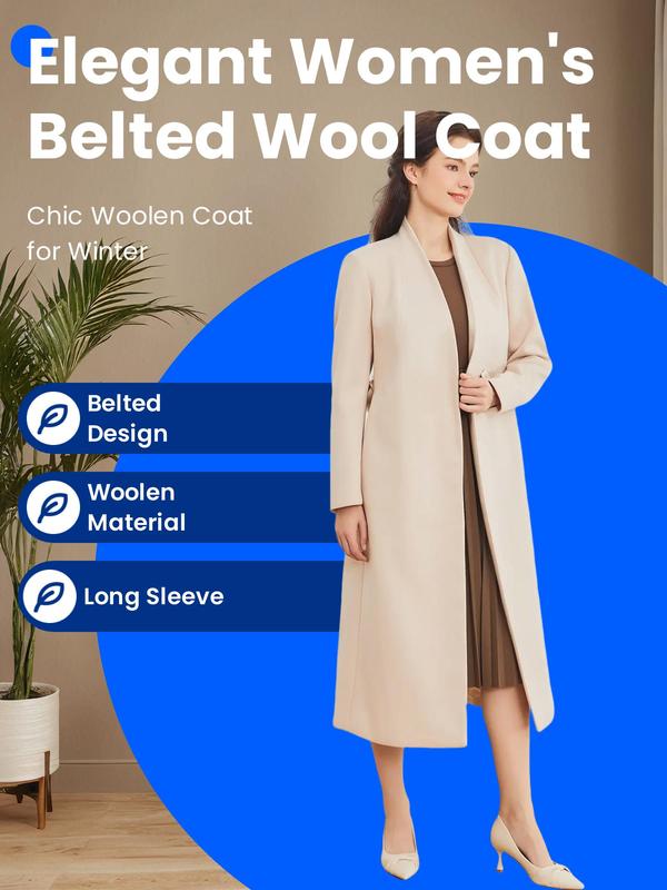 Women's Solid Color Button Belted Wool Coat, Elegant Long Sleeve Outerwear for Fall & Winter, Ladies Clothes for Daily Wear