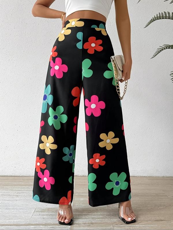 Women's Floral Print Elastic Waist Wide Leg Pants, Casual Comfy Trousers for Spring & Fall, Women's Bottoms for Daily Wear