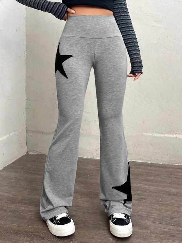 Women's Star Patched Flare Leg Pants, Casual Comfy Bell Bottom Trousers for Spring & Fall, Women's Bottoms for Daily Wear