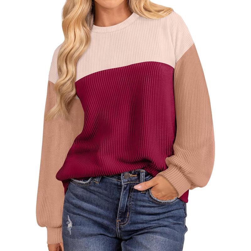 Sipaya Womens Fashion Color Block  Crewneck Knitted Ribbed Shirts Tunic  Casual Loose Knitwear Womenswear Lady Comfort Round Neck Knitting Longsleeves Knitting Longsleeves 2024 christmas ornament