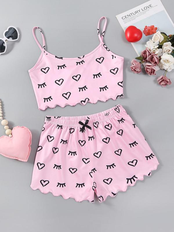 Two Four Pieces Women's Heart Print Scallop Crop Sleeveless Cami Top & Bow Decor Shorts Pj Co-ord Set for Home Wear, Pajama Sets Women, Cute Nightwear Homewear Pjs for Lady, Summer Wear, Pjs Homewear Birthday Wear Black Girl