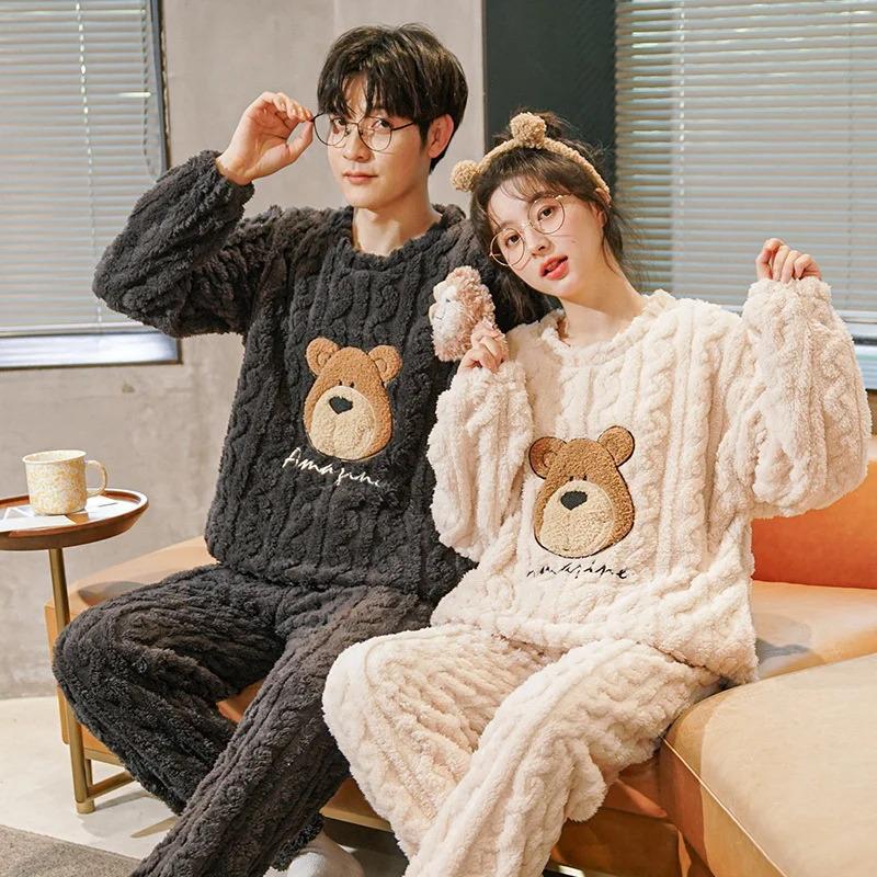 Winter Warm Cute Cartoon Pajamas Couple Set Women Coral Fleece Flannel Men's Home Wear