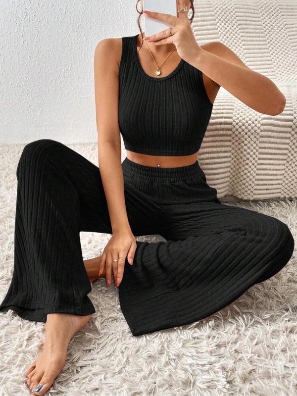 Women's Plain Ribbed Crop Tank Top & Wide Leg Pants Pyjama Set, Casual Comfy Sleeveless Round Neck Crop Top & Elastic Waist Trousers PJ Set, Comfy Loungewear Set for Women