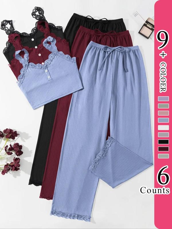 Women's Plain Contrast Lace Summer Pyjama Set, Casual Buttons Cami Top & Drawstring Waist Pants, Lady Pajamas, Womenswear Homewear, Summer Outfits 2024