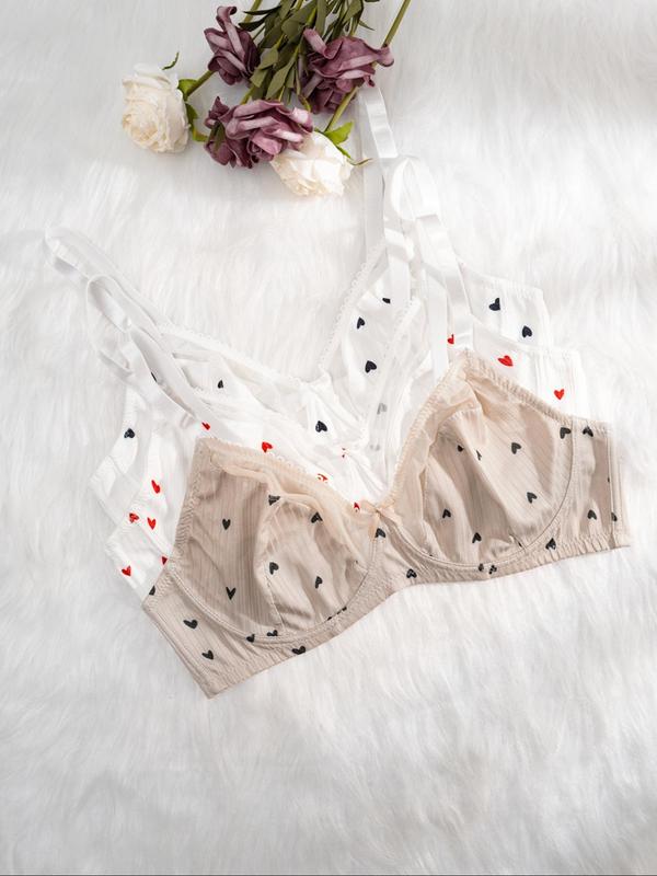 Plus Size Heart Print Contrast Mesh Spaghetti Strap Bra, Lady Cute Comfort Bow Decor Sheer Lingerie Top, Soft Comfy Breathable Underwire Bra for Daily Wear, Womenswear Underwear