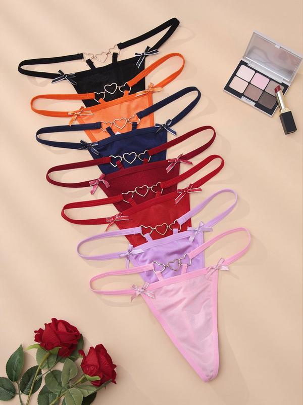 Women's Bow Decor Heart Ring Linked Thong, Soft Comfy Breathable Thong for Daily Wear, Women's Underwear for All Seasons