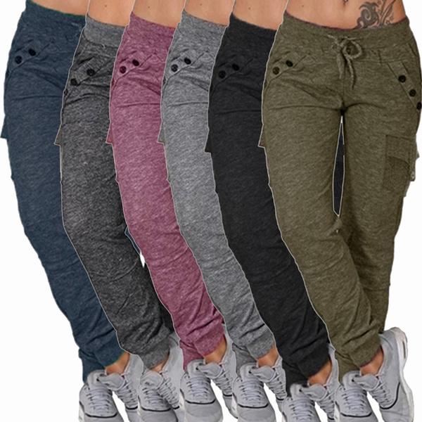 Women's All Seasons Solid Drawstring Waist Long Pants with Pockets, Casual Slim Elastic Waist Sweatpants Jogger Pants Fabric Womenswear