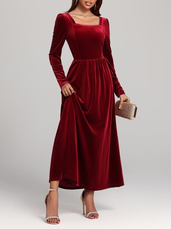 Women's Solid Backless Velvet Dress, Elegant Solid Color Long Sleeve Maxi Dress for Party Holiday Wedding Guest, Ladies Clothes for All Seasons