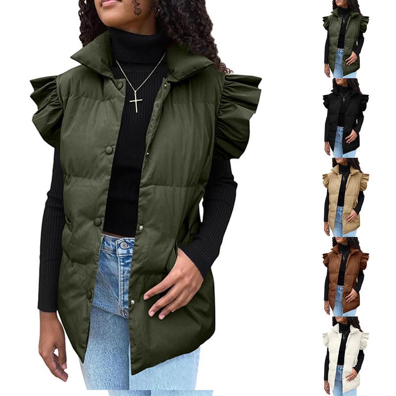 Ommig Puffer Vest Women Ruffle Sleeve Button Down Padded Quilted Puffy Jacket Coat Outwear