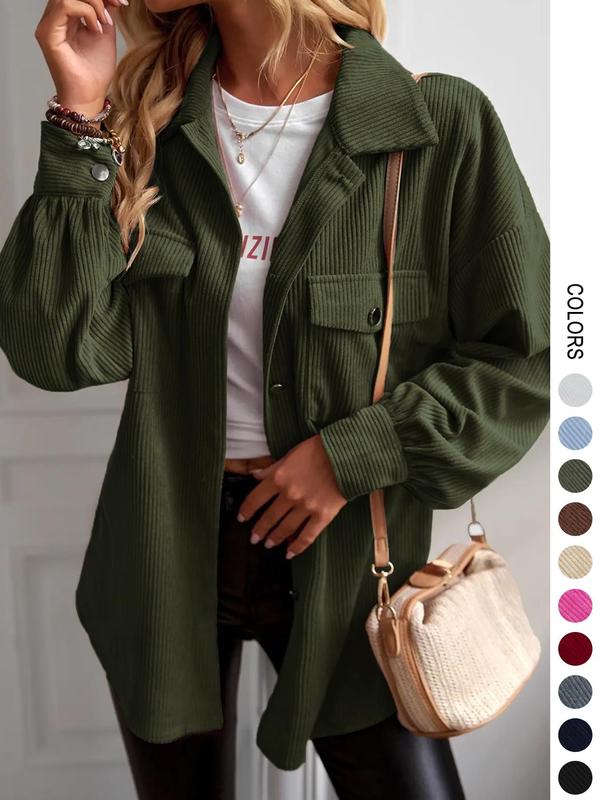 Women's Solid Button Front Drop Shoulder Corduroy Coat without Tee & Necklace, Casual Long Sleeve Collared Button Up Outerwear for Daily Wear, Ladies Fall Clothes As Birthday Gifts